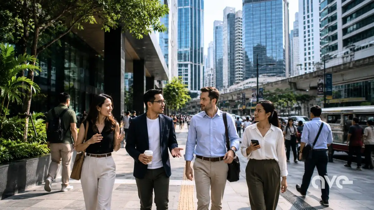 Business professionals walking through a commercial district in the Philippines