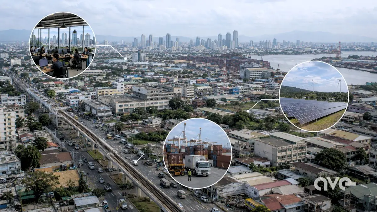 Philippine urban landscape highlighting business, logistics, and renewable energy investment sectors